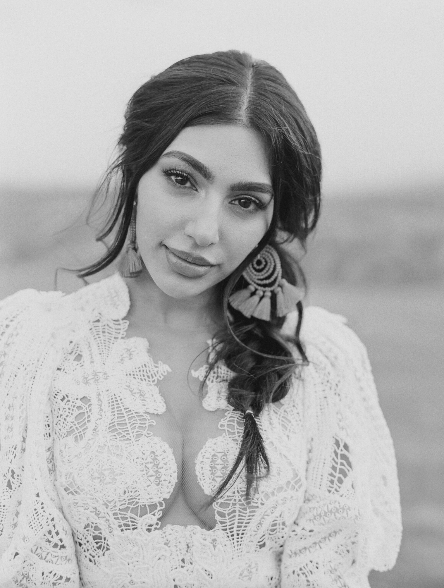 Black and white portrait showcasing bridal beauty in Jackson Hole