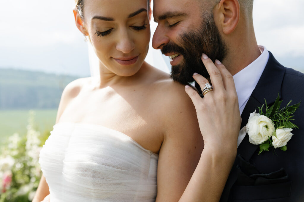 Close up of newlyweds in the mountains